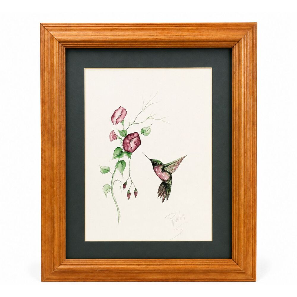 Vintage Signed Hummingbird Watercolor Framed Botanical Floral Art 16.5”